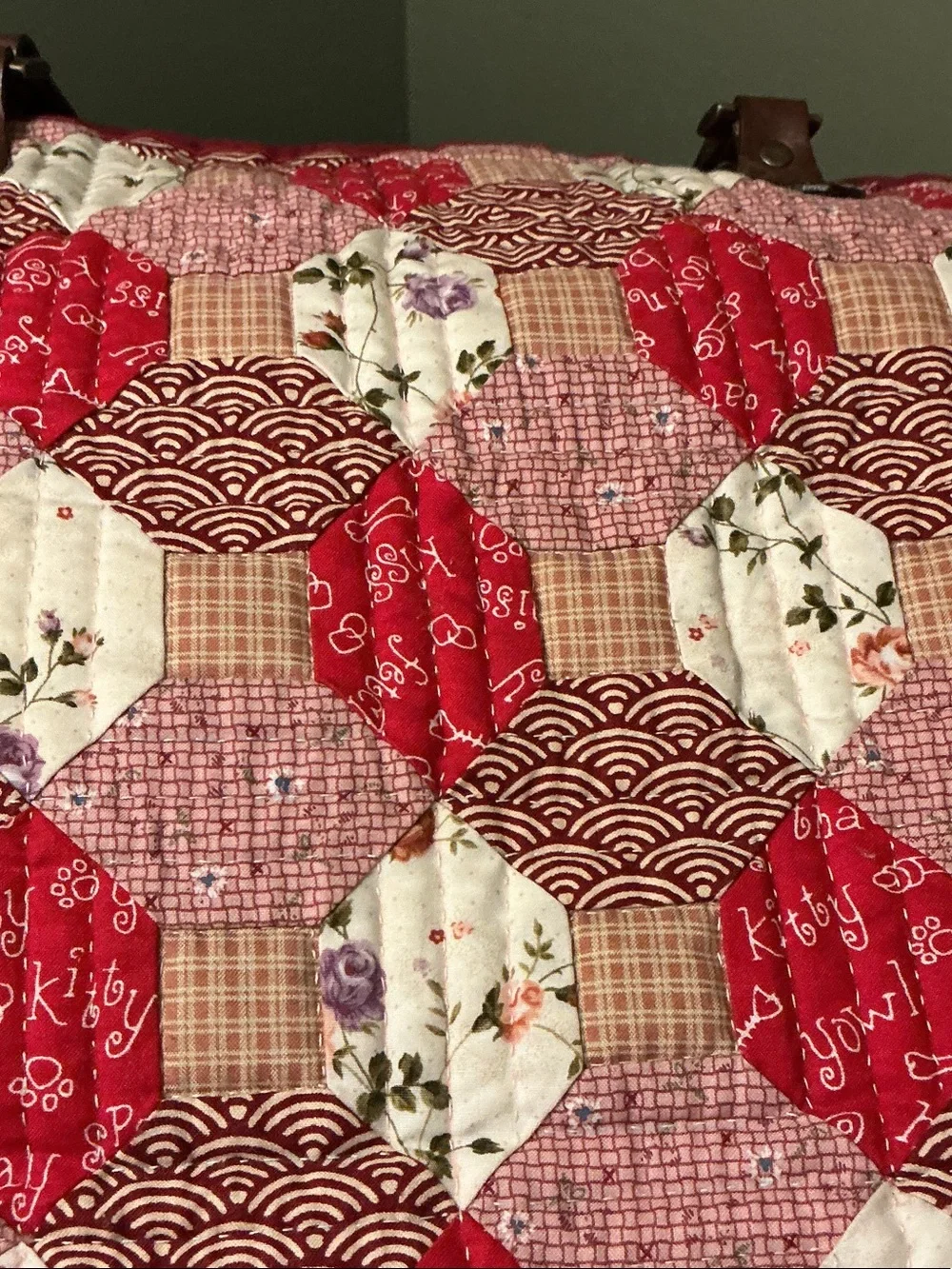 Handcrafted Quilted Red Patchwork Tote with Floral Accents Leather Handles NEW